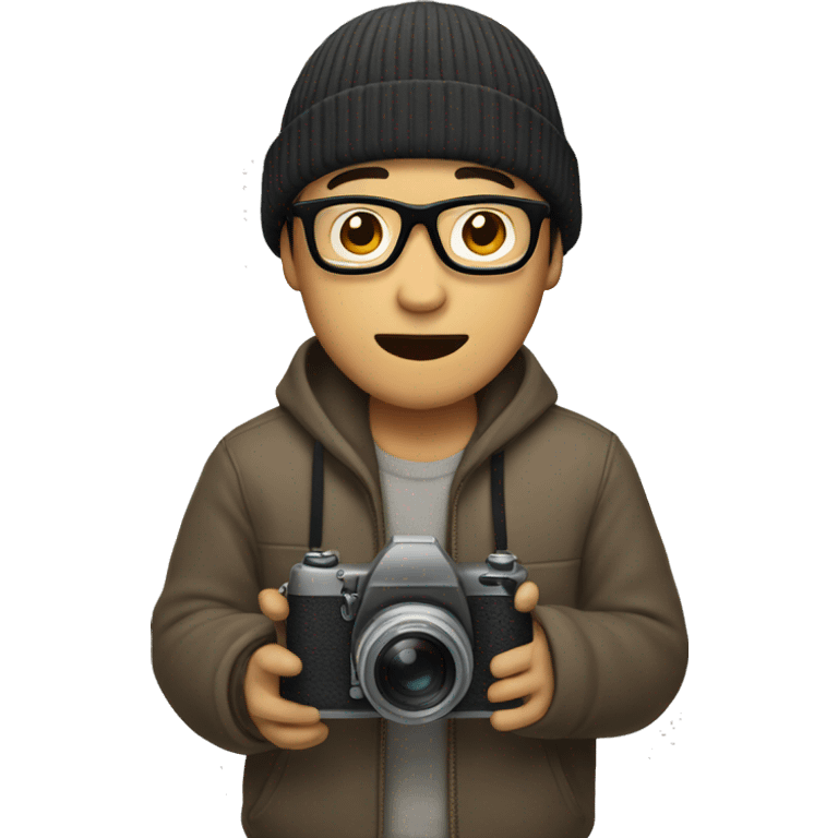 An Asian man wearing a beanie and glasses, holding a camera. emoji