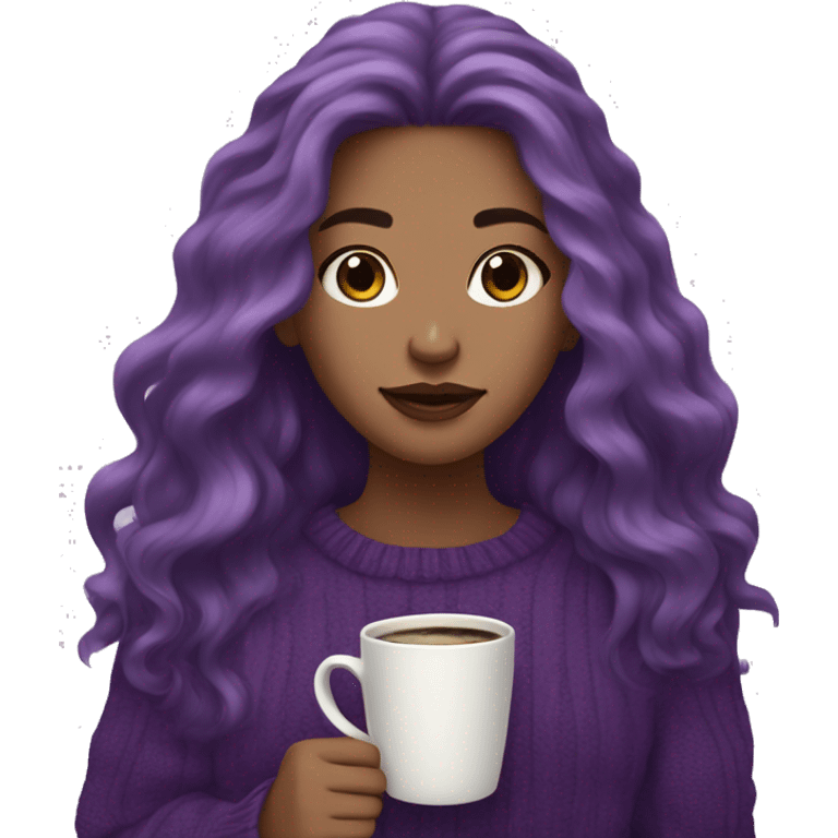 girl with long wavy purple hair holding a coffee mug with a purplish sweater- giving off a purple aesthetic emoji