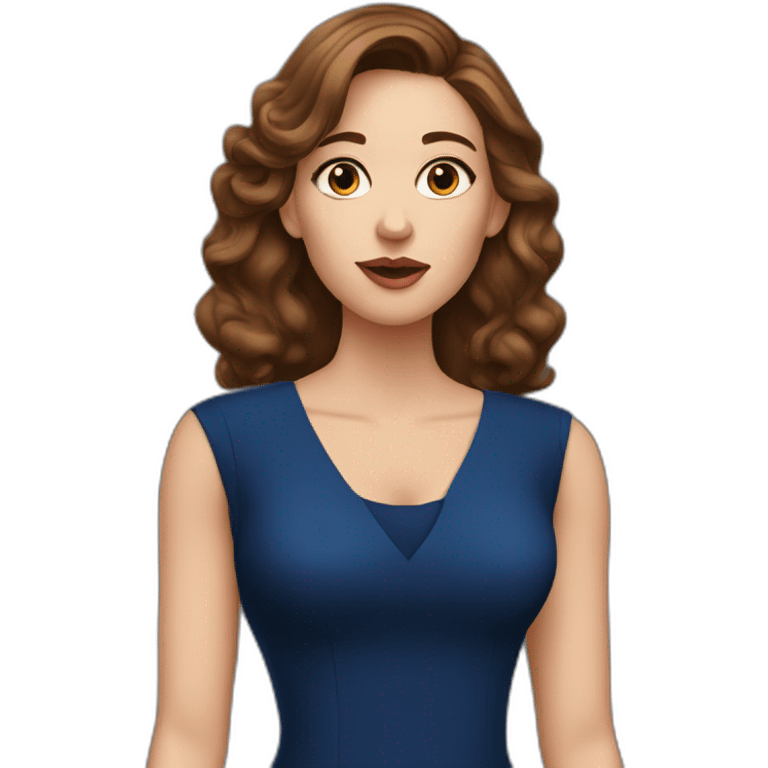 A white woman with brown hair, blowing a kiss, wearing a dark blue dress, and long earrings emoji