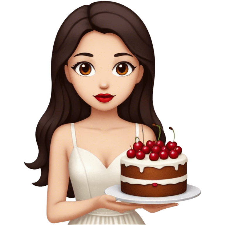 Beautiful woman in 1965’s woman fashion look, white dress, long dark brown hair, cherry cake emoji