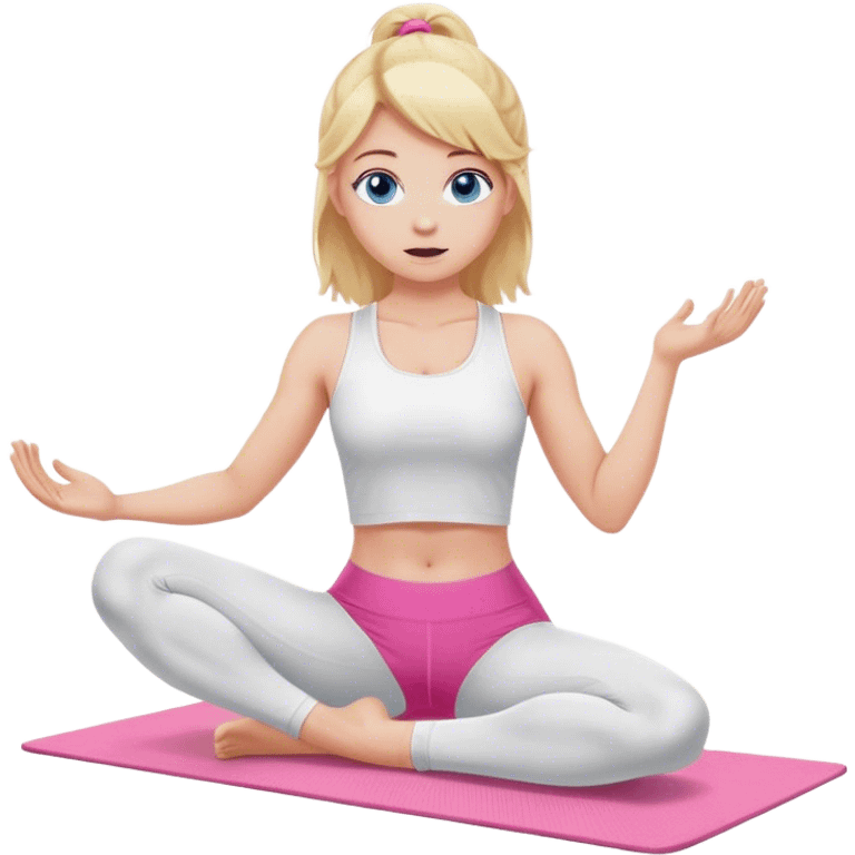 A cinematically realistic blonde with long hair and blue eyes, dressed in a white top and pink leggings, performs a sports exercise on a mat emoji