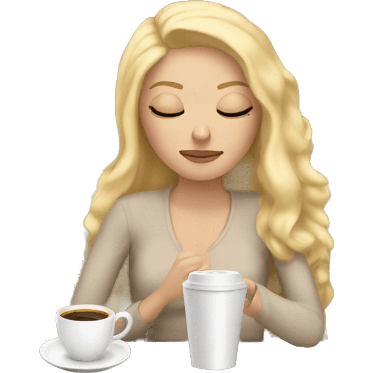 White Girl with blonde hair sipping coffee with eyes closed and beige blanket around head laying down on couch  emoji