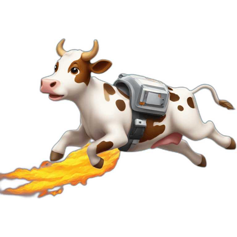 side-on view of cow flying to space while wearing a jetpack that is emitting flames, legs being pushed back by the wind emoji