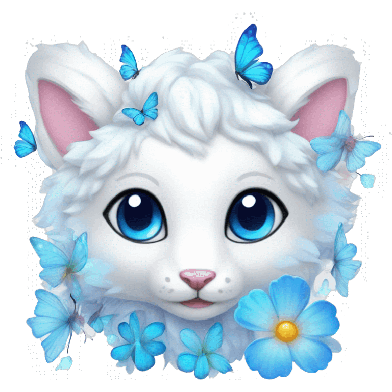 Edgy Cute Cool Kawaii gorgeous sparkly ethereal white fantasy animal creature with blue eyes sona with flowers and butterflies beautiful aesthetic emoji