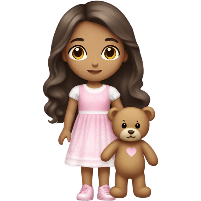 Little Girl with White skin, black eyes. Long brown hair with. She is wearing a pink and White dress, standing and holding on to a teddybear. emoji