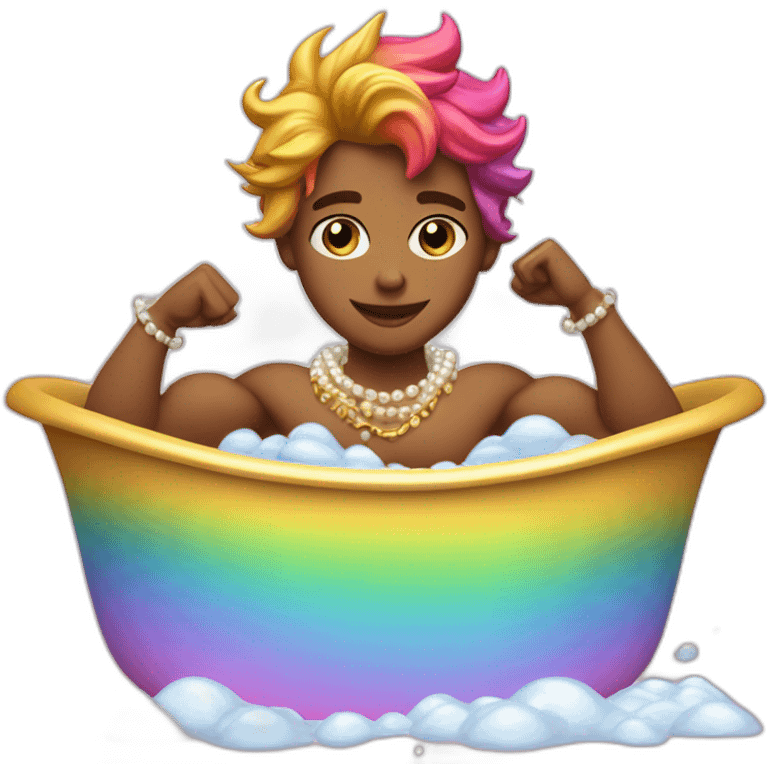 posh-muscle-boy-with-pearl-necklace-and-rainbow-unicorn-hair-in-golden-bathtub emoji