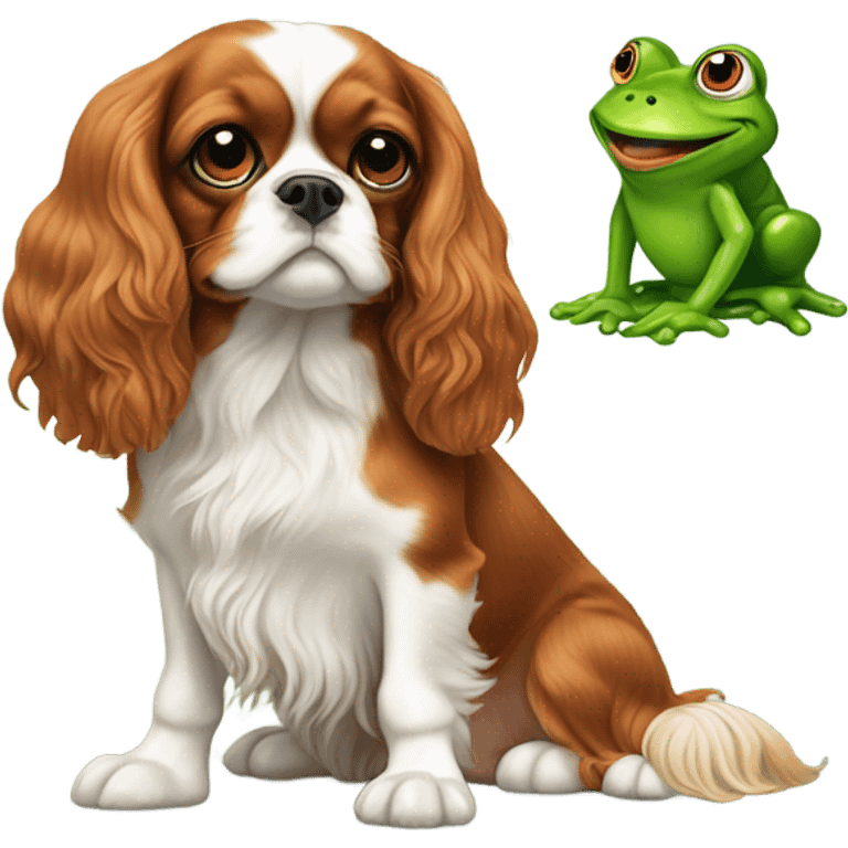 Cavalier dog next to a frog emoji