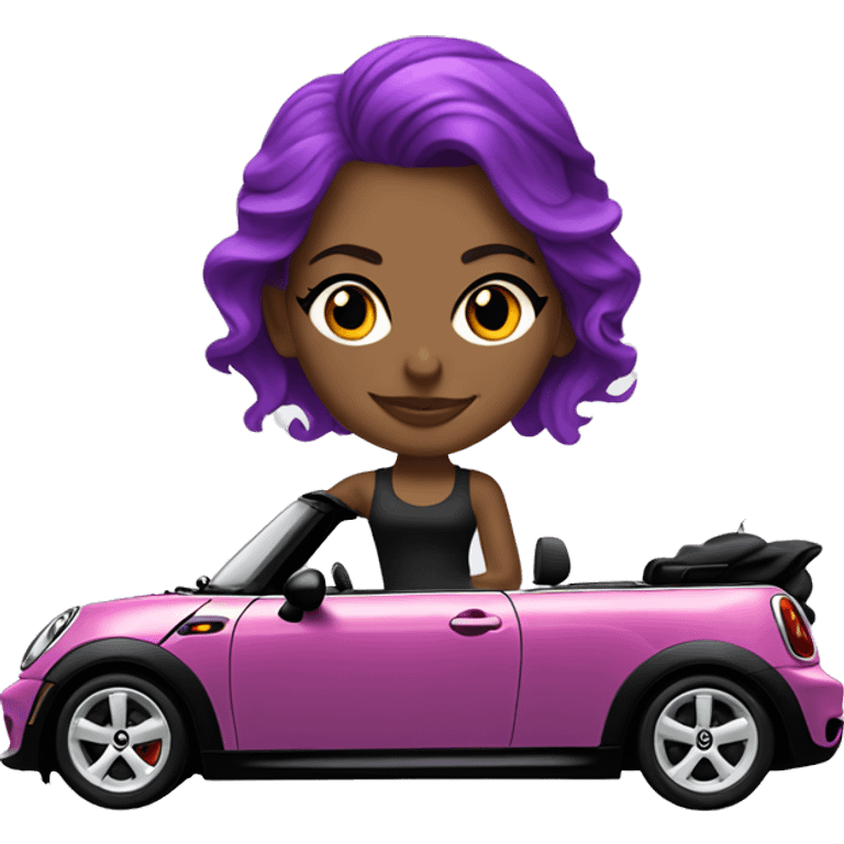 a white girl, with purple hair drives a black convertible Mini Cooper emoji