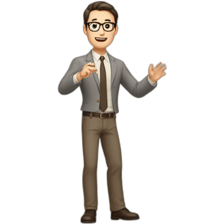 To belt Actively gesturing with hands Pale skinned fit man with dark brown hair in gray jacket, beige office shirt, brown tie, brown pants and vintage glasses. emoji