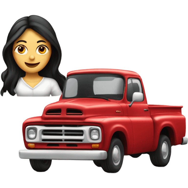 A white lady with long black hair, driving an older red pick up truck emoji