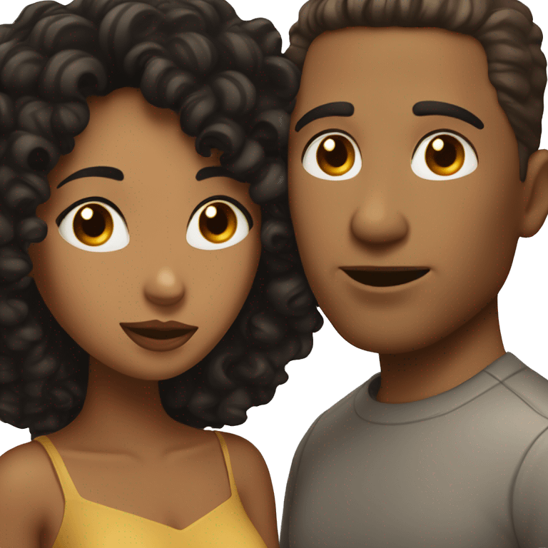 Brown woman with black curly hair kissing white man with dark brown hair  emoji