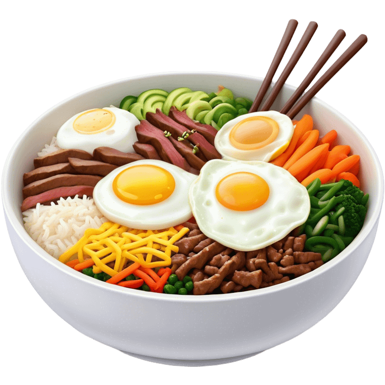 Cinematic Realistic Bibimbap Dish Emoji, showcasing a colorful bowl of mixed rice, assorted vegetables, beef, and a fried egg rendered with lifelike detail and vibrant, harmonious lighting. emoji