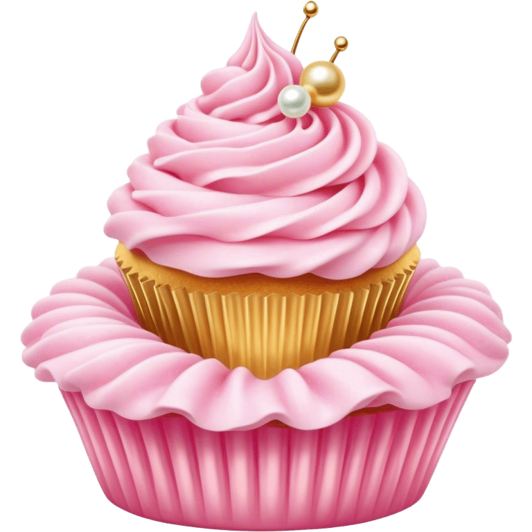 Cinematic Realistic Pink Cupcakes, fluffy pastel pink frosting swirled elegantly on top of golden cupcakes, tiny edible pearls adding a delicate touch, soft warm lighting creating a dreamy atmosphere, glowing with sweetness and charm. emoji