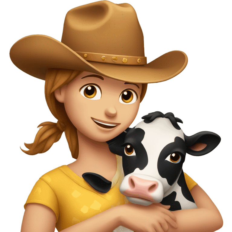 Mother cow hugs her daughter and puts a cowboy hat on her head emoji