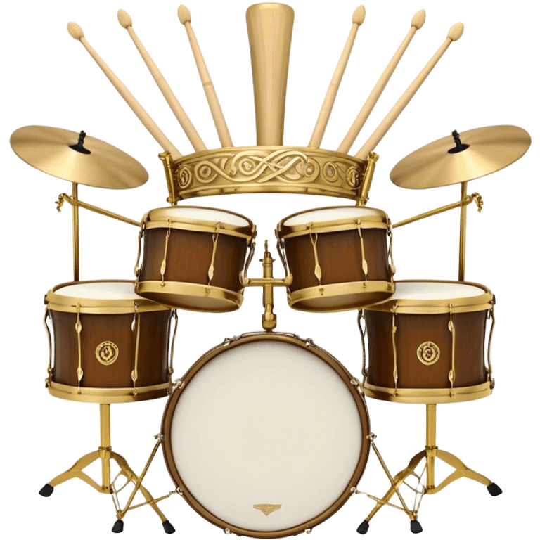 Create a complex, festive, and professional emblem-like emoji representing percussion instruments. The design should resemble a heraldic crest, featuring iconic drums and percussion such as a snare drum, bass drum, timpani, cymbals, marimba, and tambourine, arranged in a balanced and symmetrical composition. Drumsticks should cross elegantly at the center, symbolizing rhythm and energy. A flowing ribbon of musical notes should weave dynamically around the instruments, enhancing the celebratory and grand aesthetic. Ornate elements such as laurel wreaths, swirls, or subtle engravings should emphasize the prestige and importance of percussion in music. The color palette should include rich gold, deep mahogany, and silver, with refined highlights and shading for a polished, three-dimensional effect. The overall composition should be harmoniously structured, visually complete, and suitable as a standalone emblem. The background should be transparent. emoji