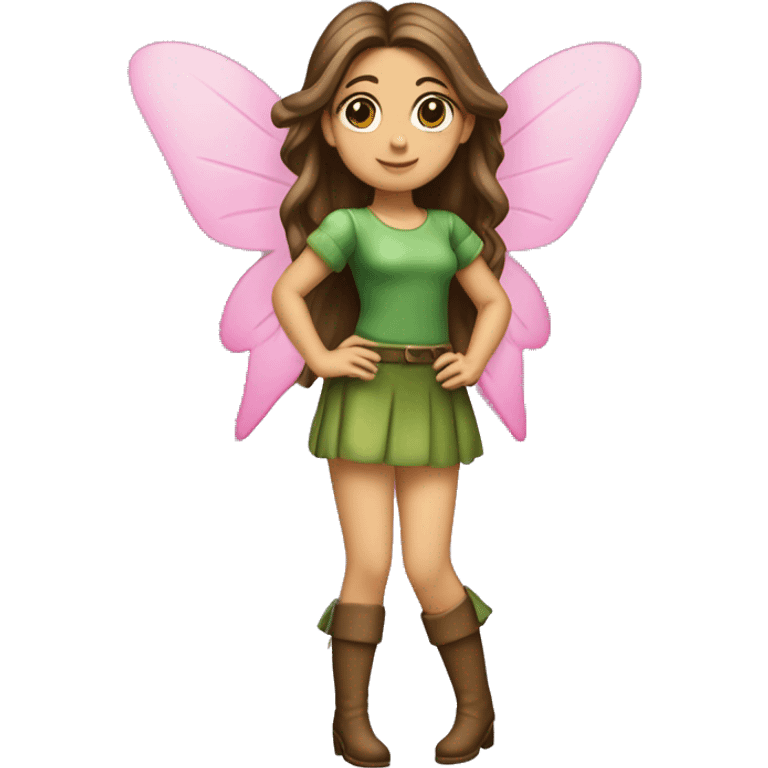 A full body of a fairy with green top and mini skirt she have a good shape of body and a long brown hair, with pink flower stuck in her earring, she have the most beautiful face, and she is flying, she have green high boots heels  emoji