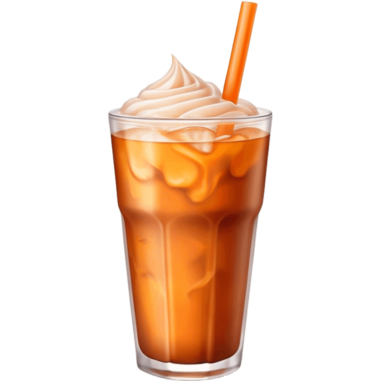 Cinematic Realistic Thai Ice Tea Drink Emoji, depicted as a chilled glass of sweet, creamy iced tea rendered with vivid textures and refreshing, dynamic lighting. emoji