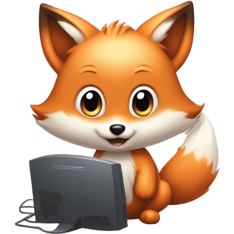 Detailled Baby kawaii fox on gaming computer emoji