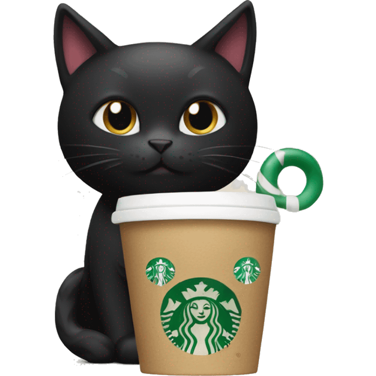 Black cat holding a Starbucks holiday cup emoji