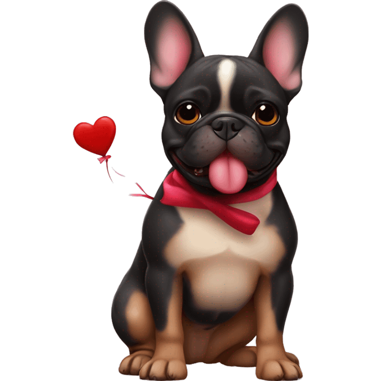 Black and tan colored French bulldog holding Valentine in mouth emoji