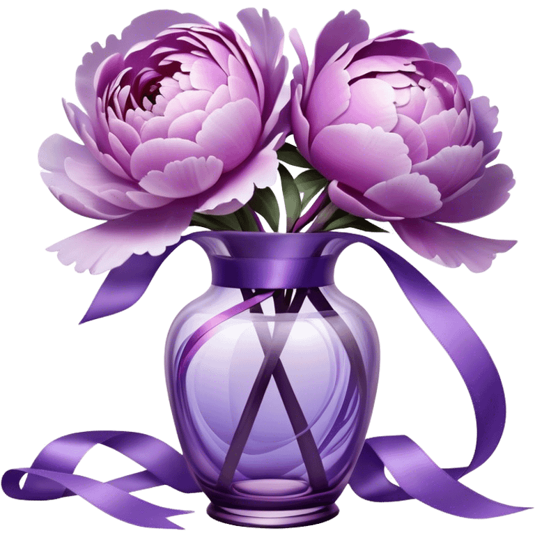 "Abstract peonies in shades of light purple and lavender, blending like soft brushstrokes. A glowing purple glass vase with surreal reflections, wrapped in a weightless, swirling satin ribbon."
 emoji