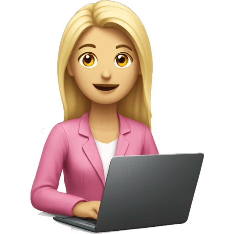 Mujer rubia escribiendo en laptop rosada emoji