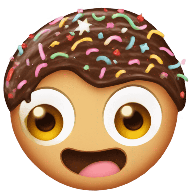 a chocolate swiss roll cake with frosting zigzags as hair and and 2 eyes and a mouth with sprinkle stars as freckles emoji