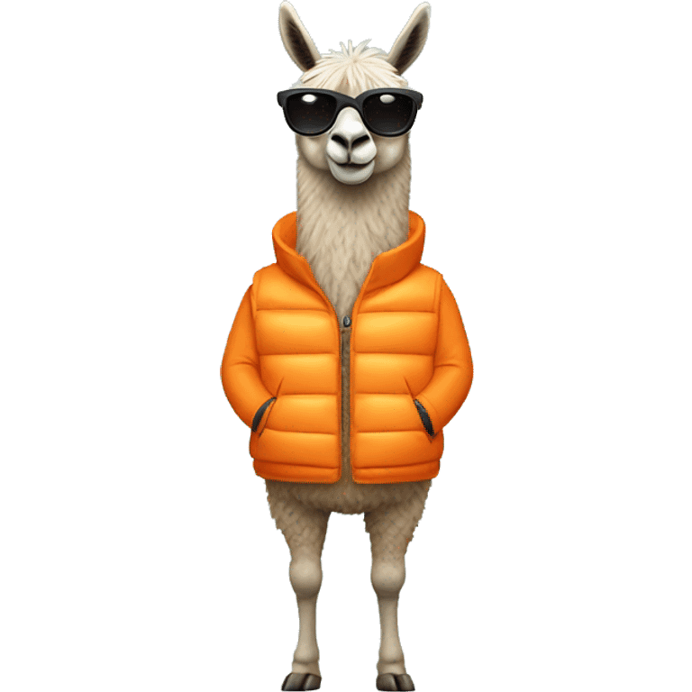 llama wearing an orange puffer vest and sun glasses full body emoji