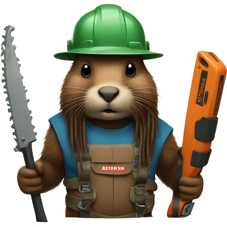 Beaver with dreadlocks in climbing gear with a chainsaw  emoji