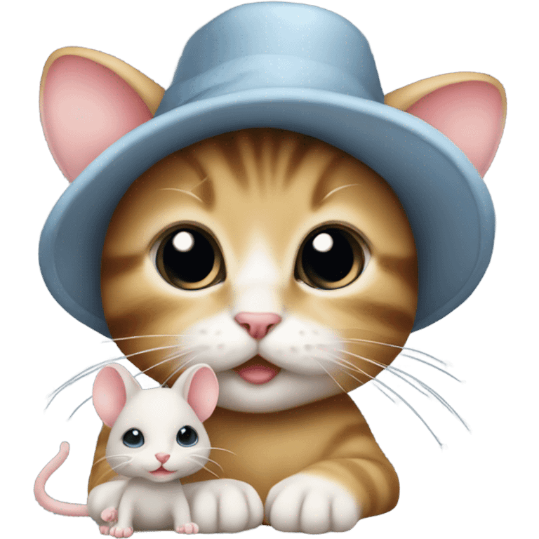 Baby cat carrying mouse in a hat emoji