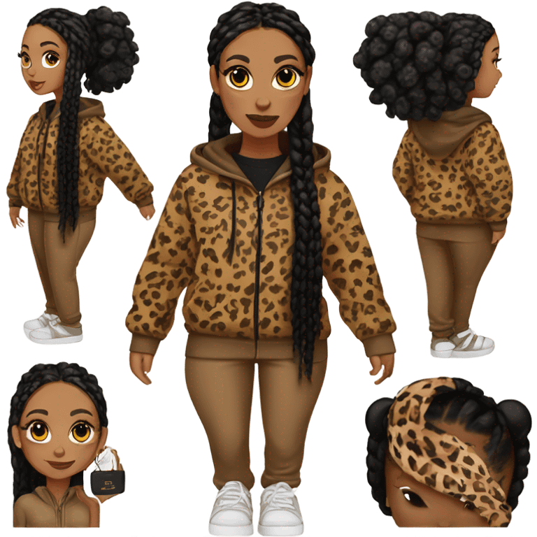 A caramel toned black girl with black box braids wearing Iamgia leopard tracksuit emoji