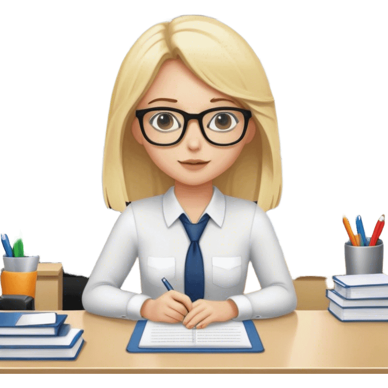 Blonde girl working at her desk in office with glasses emoji