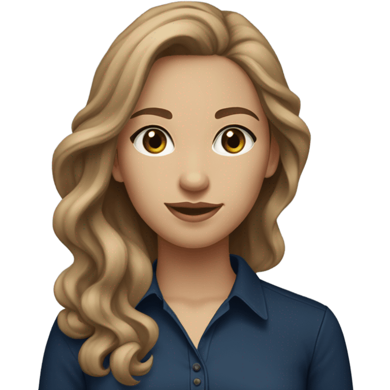 light skinned girl, with blueish and a bit green eyes, light brown wavy long hair, navy blue tight shirt, small chest, skinny body emoji