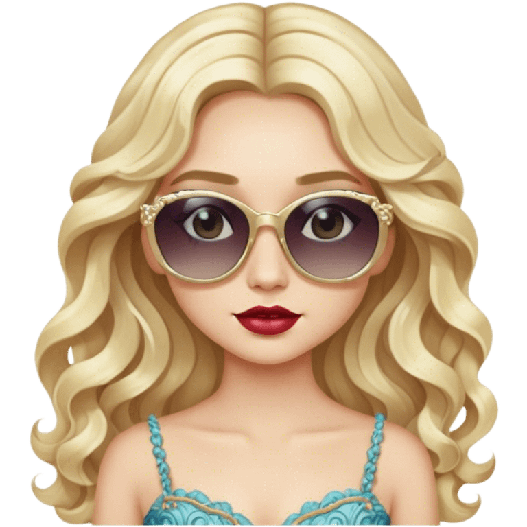 a pale blonde girl with elaborate makeup and dress, long wavy hair, wearing sunglasses, confident emoji