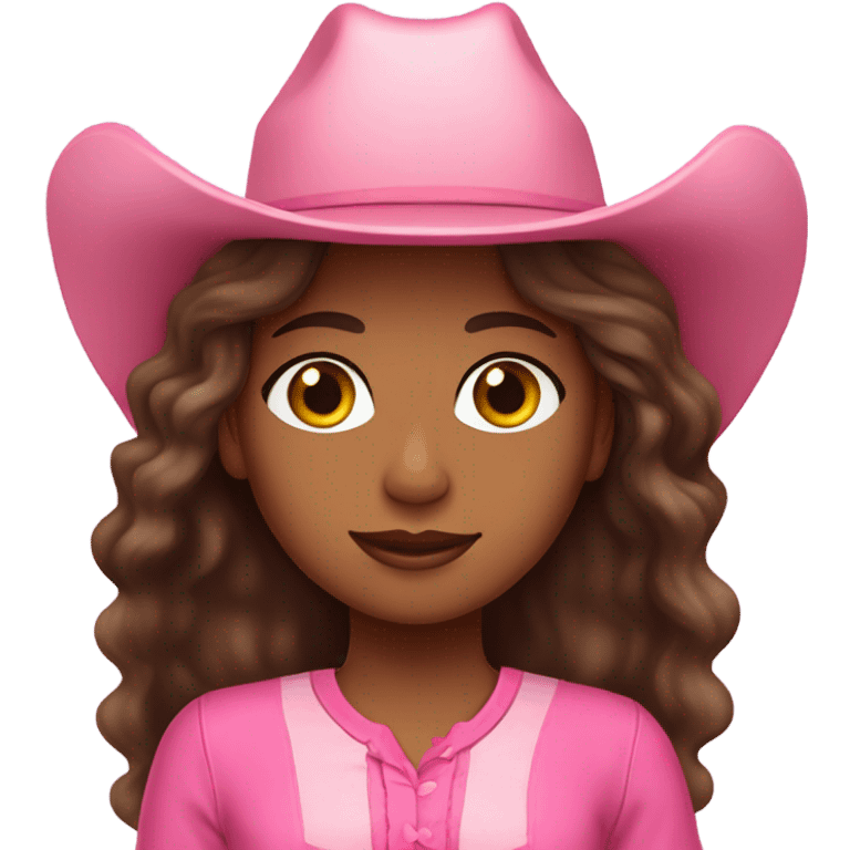 Brown girl with Long brown wavy hair pink outfit and pink cowgirl hat emoji