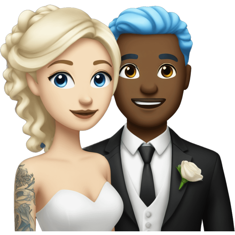 white blonde woman, blue eyes in a wedding dress with a lightskin tattooed man in a black tuxedo tie with hazel eyes emoji