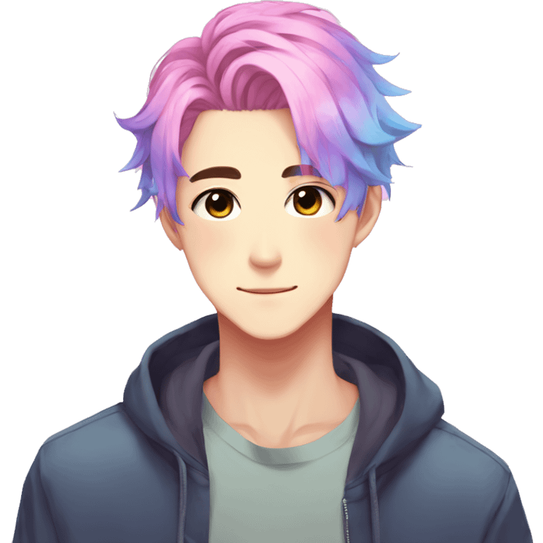 Gorgeous anime style guy with blushing face aesthetic and pretty colorful shiny gradient pastel hair trending style emoji