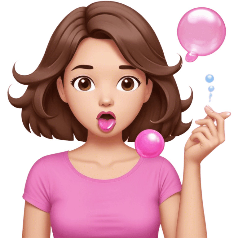 A digital illustration of a cartoon-style woman with shoulder-length brown hair, wearing a pink shirt. She is blowing a pink bubble gum bubble while playfully twirling a strand of her hair with her fingers. Her facial expression is relaxed and carefree. The background is plain white emoji