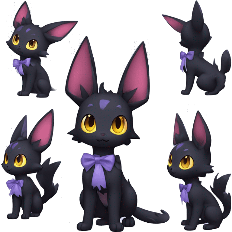 Shiny Dark Cool Edgy Black beautiful ethereal fantasy Kawaii Sona Umbreon-Noibat-Litten-Fakemon-cat-animal with edgy bat-ears bow tie black mane vtuber model Full Body emoji