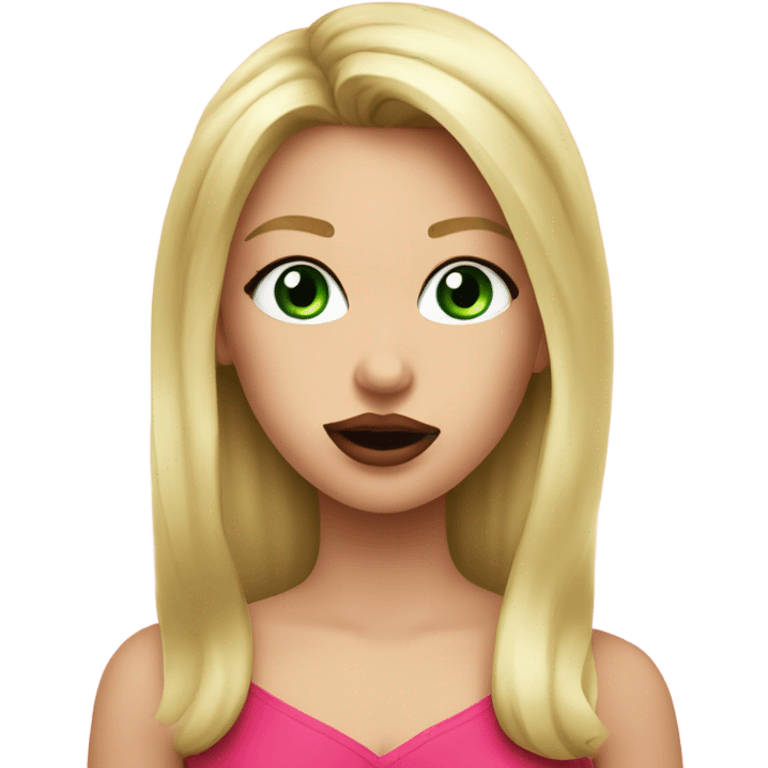 blonde girl and green eyes and pink pijame applies lipstick red apple emoji emoji