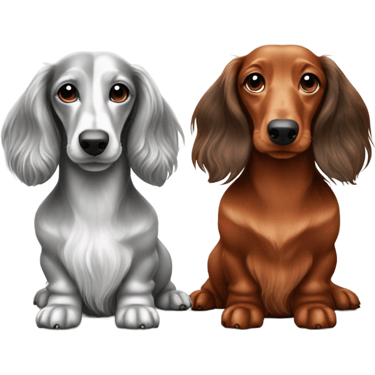 Long haired red dachshund and long haired silver dapple dachshund sitting together  emoji