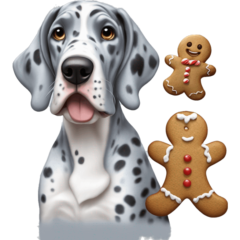 Blue Merle Great Dane eating gingerbread man emoji