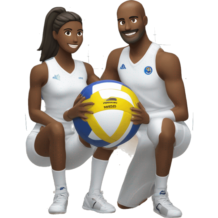 two Passionate volleyball player, one male and other female posing with a mikasa v200w ball emoji