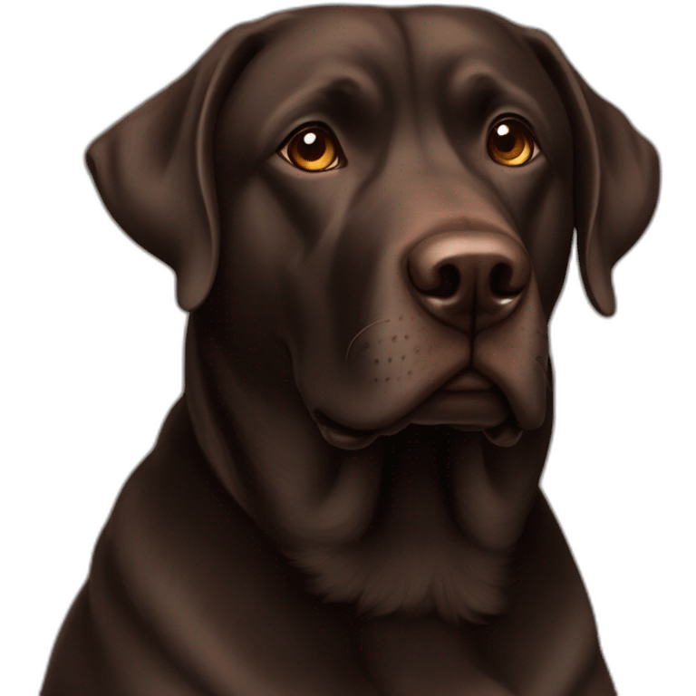 5 years old, female, Chubby dark brown english lab, tired face, looking at you confused emoji