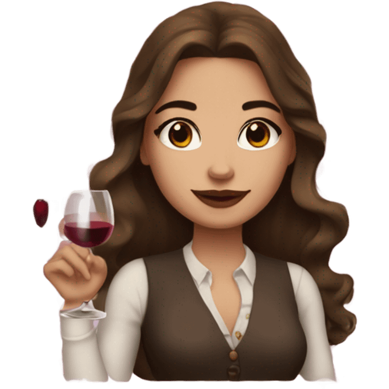 rich girl with white skin, long brown hair, dark eyes, with makeup, with wine emoji