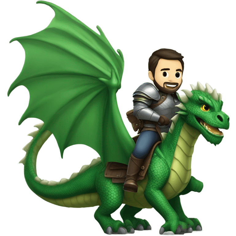 Confident armored White Man with dark brown hair and a short beard riding on the back of a giant green dragon emoji