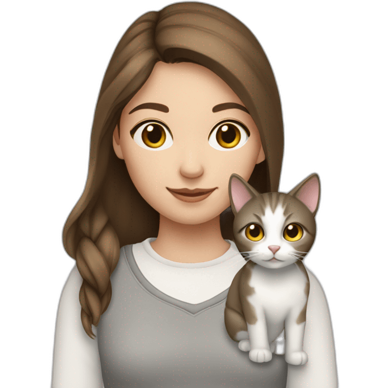 girl with brown hair with 2 cats gray and white emoji