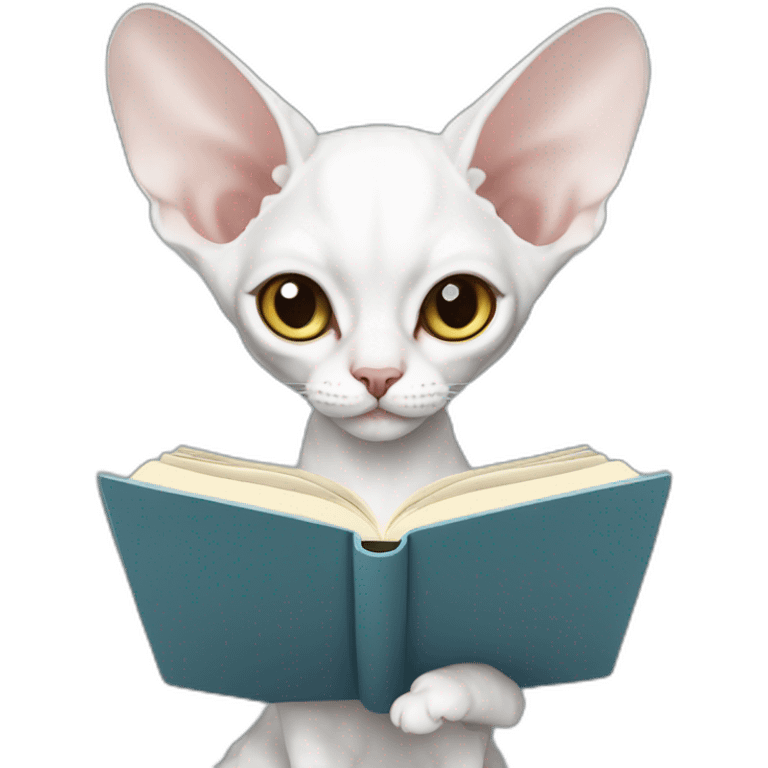 Slim white devon rex with grey-blue eyes reading book emoji