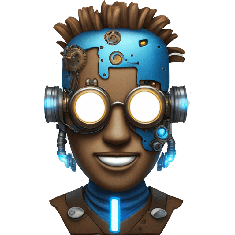 Brown cyborg head with blue Mohawk, blue beard, silver steampunk monocle goggles a smile and circuits emoji