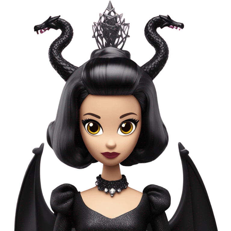 evening dressed, Wednesday Addams Barbie Jedi wearing a mini tiara, riding on the back of a very large black shiny evil-looking fire-spewing horned dragon emoji